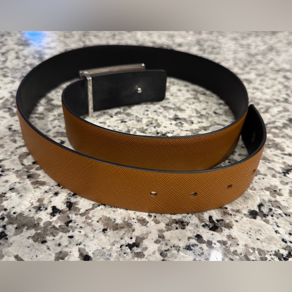 Prada Men's Tan Saffiano Leather Belt with Silver Buckle - Picture 4 of 5